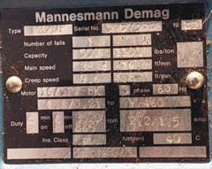MANNESMANN DEMAG ELECTRIC HOIST 2-SPEED MODEL PK2NF 500 KG 460 VOLTS 3 PHASE