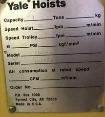 (New) Yale AW 1 ton Air Hoist BAW1 648782671 E13MDNS518X0A8 Pneumatic