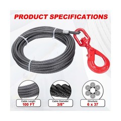 Heavy-Duty Winch Cable, 3/8″ × 100′ Steel Cable with Self-Locking Swivel Ho