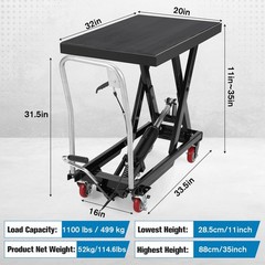 Hydraulic Lift Table Cart Single Scissor 11-35″ Lifting Height 1100 lbs Non-Slip
