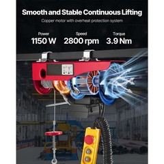 1320 lbs Electric Hoist 1150W 110V Steel Wire Winch 40ft Cable 14ft Remote