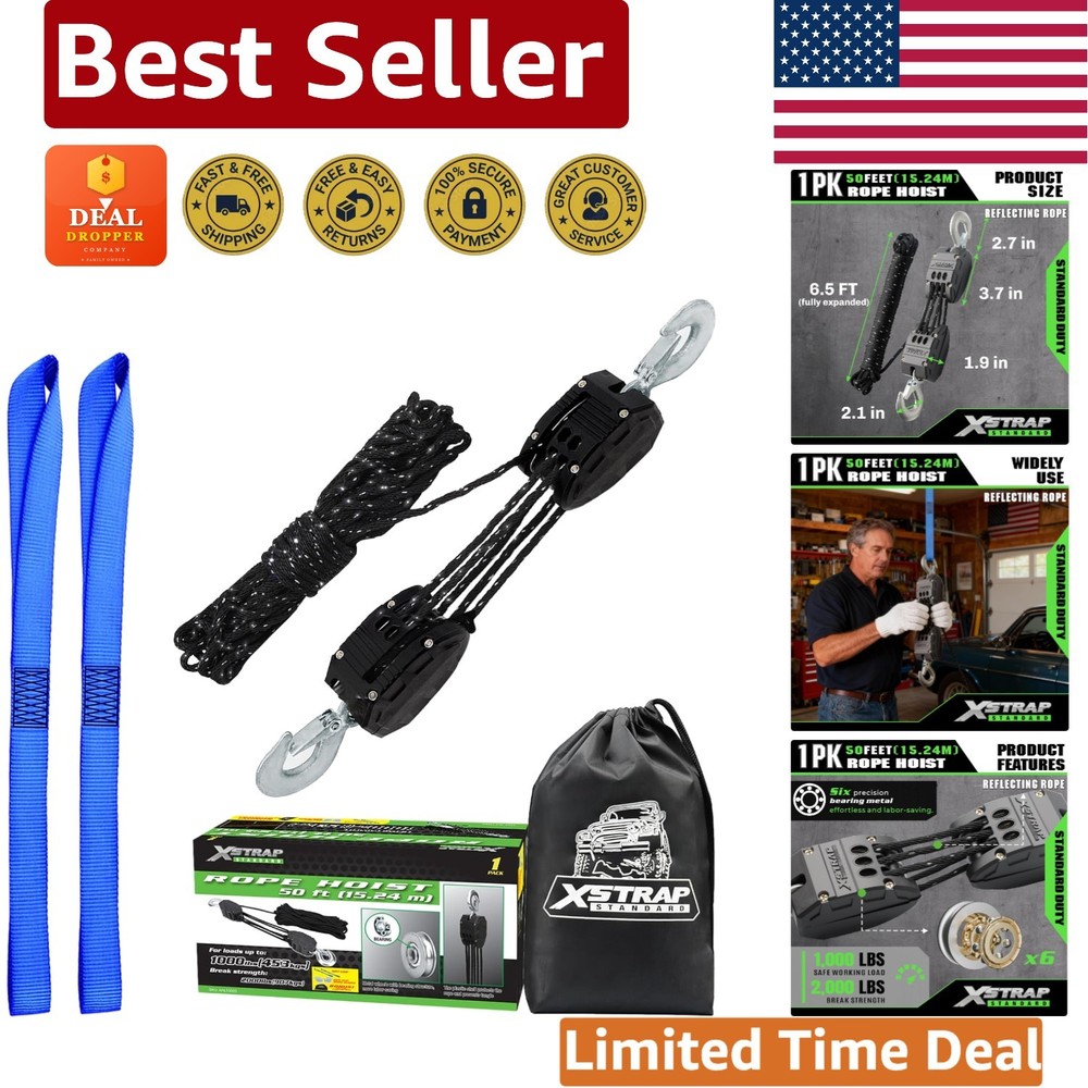 Heavy-Duty 2000LB 50ft Reflective Rope Hoist with 5:1 Lifting Power & Soft Loops