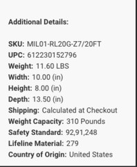 One 20′ Self-Retracting LifeLine MILLER MIGHTY LITE Mdl.RL20G