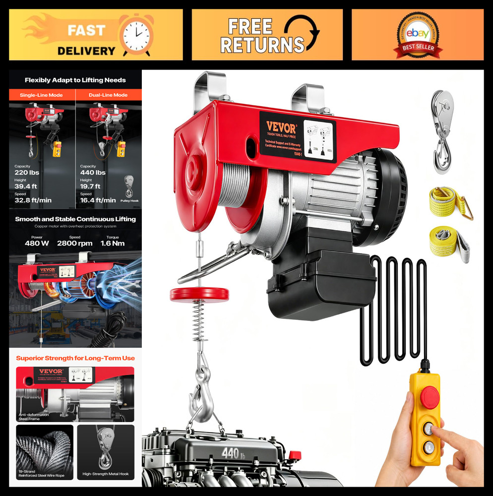 Electric Hoist 440 lbs with Remote Control – 110V Material Handling Tool for War