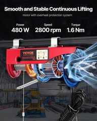 440lb Braided-Steel-Cable Hoist 40ft Single Line 480W Motor 14ft Wired Remote