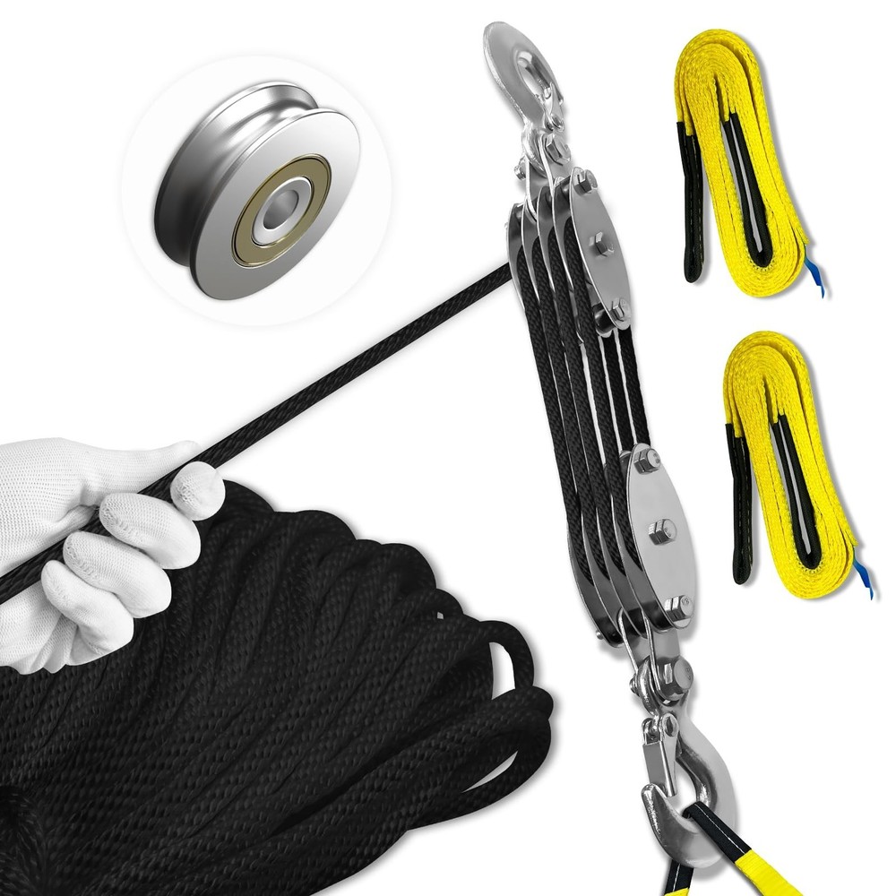 Block and Tackle Pulley System, Upgraded 4-Wheel Rope Pulley Hoist with 2 Lif…