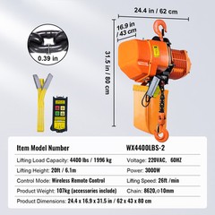 VEVOR 2 Ton Electric Chain Hoist Three Phase Crane Hoist 4400lbs Load 20 ft Lift